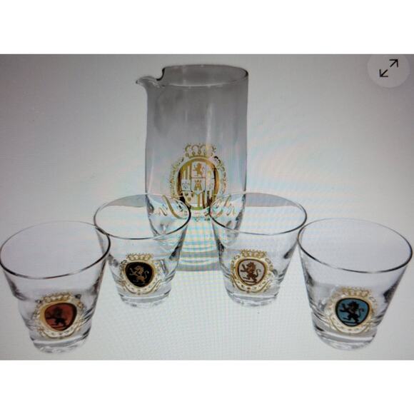 VTG Federal Glass Company Baronet Lion Crest Cocktail 5 Piece Set Gold Trim USA - Picture 1 of 10